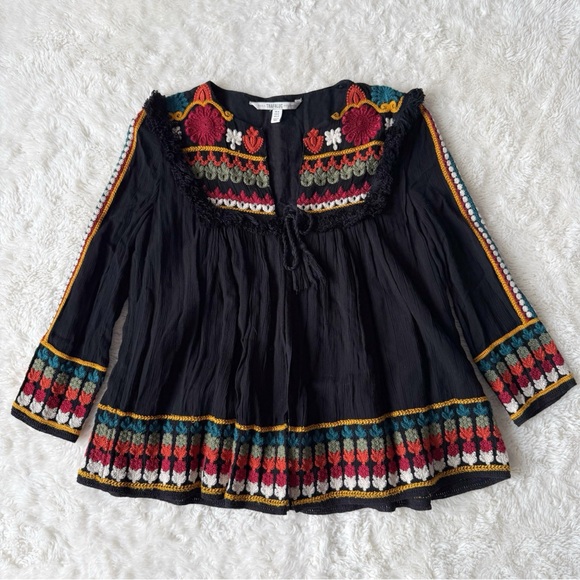 Zara Tops - Zara Black Embroidered Boho Peasant Blouse with Multicolor Accents